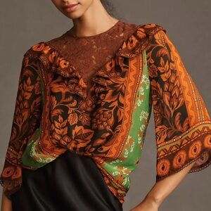 Farm Rio Anthropologie Floral Print Ruffle Lace Mix Blouse Orange SZ Large
